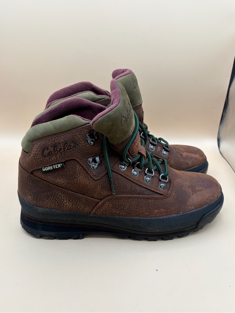 Cabela's Women’s 10B Brown Leather Hiking Boots with Green and Burgundy Accents